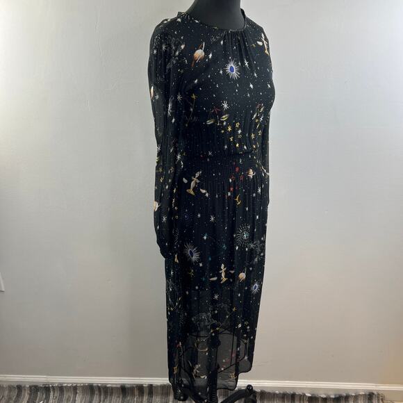 ZARA Black Celestial Dress Galaxy Back Button Waist Smocked Jewel Neck Size XS - Picture 5 of 8